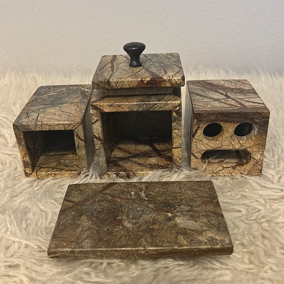 5PC Marble bathroom set. Soap dish, toothbrush holder, 2 accessory holders. - Picture 2 of 10